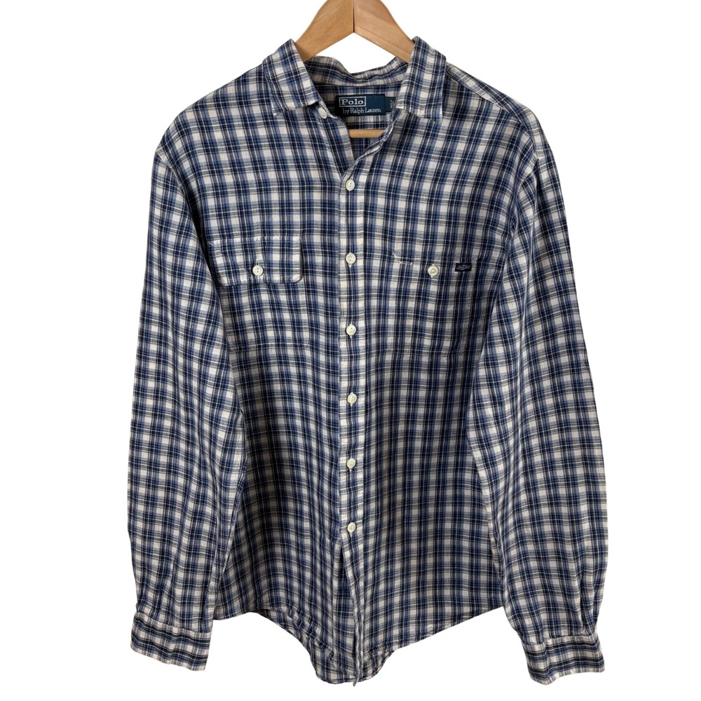 Polo Ralph Lauren Linen Cotton Shirt Men's L Blue Plaid Button Down Long Sleeve